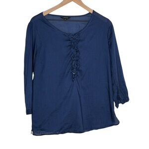 Lands’ End Navy Lace-Up Blouse Size 10 Coastal Minimalist Classic Preppy Boho